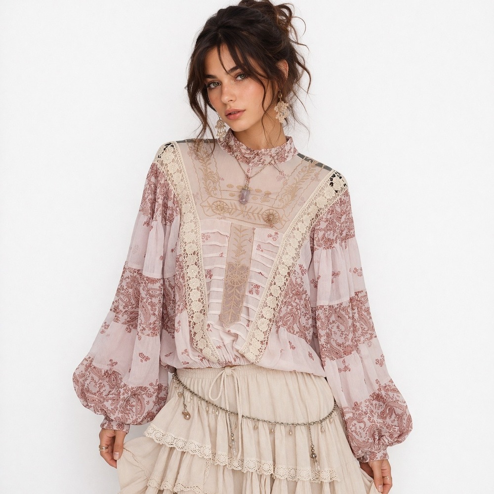 Boho Fairycore Blouse Women Medium Pink Paisley Embroidered Lace Balloon Sleeves